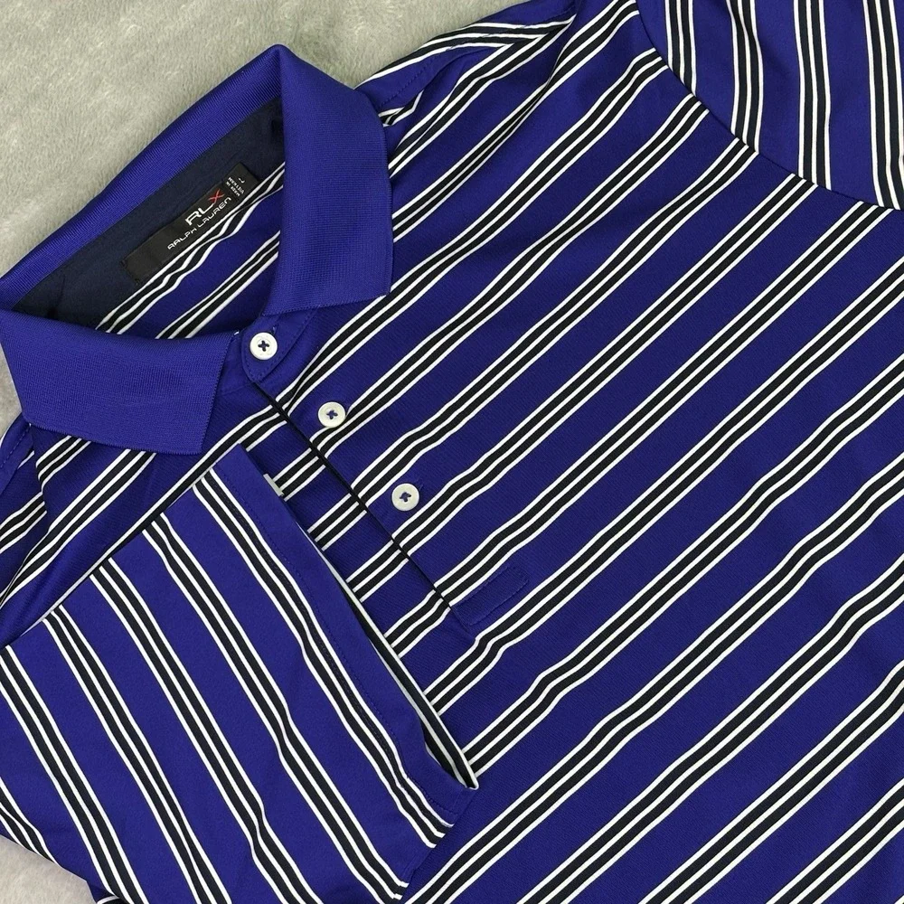 RLX Ralph Lauren Polo Shirt Mens Large Performance Golf Stretch Striped Blue